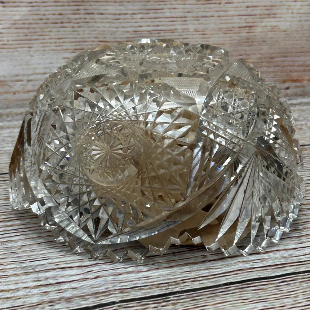 Antique American Brilliant Period Cut Glass Bowl‎ 8 Inch Hobstar Sawtooth Rim